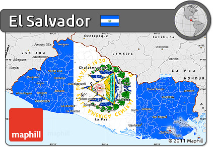 Flag Simple Map of El Salvador, single color outside, borders and labels, flag aligned to the middle