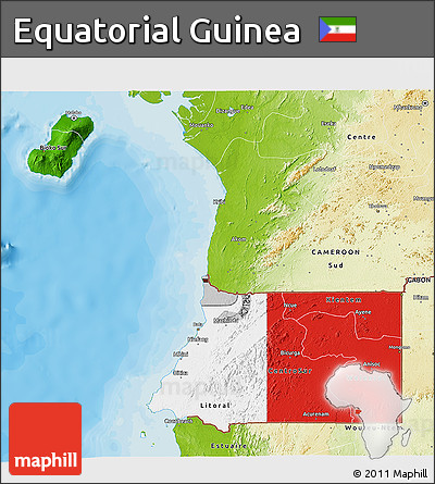 Flag 3D Map of Equatorial Guinea, physical outside, bathymetry sea, flag aligned to the middle