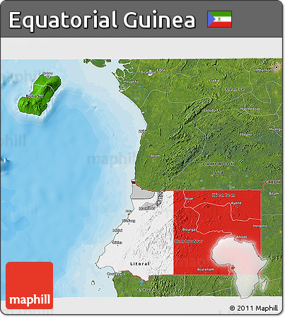 Flag 3D Map of Equatorial Guinea, satellite outside, bathymetry sea, flag aligned to the middle