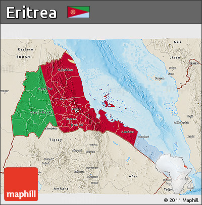 Flag 3D Map of Eritrea, shaded relief outside, flag aligned to the middle