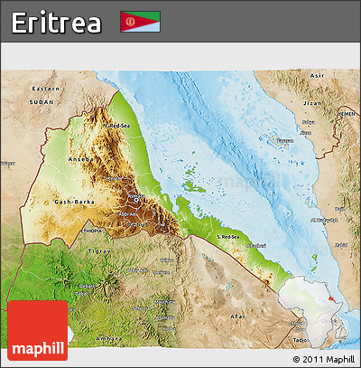 Physical 3D Map of Eritrea, satellite outside, shaded relief sea