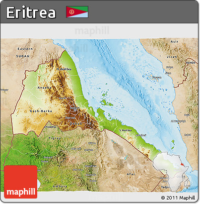 Physical 3D Map of Eritrea, satellite outside, shaded relief sea