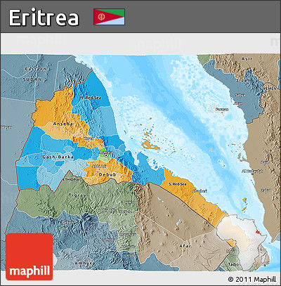 Political 3D Map of Eritrea, semi-desaturated, land only