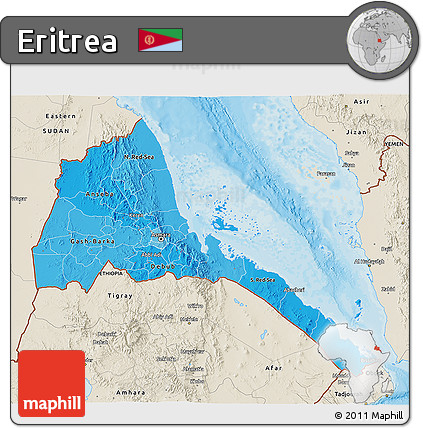Political Shades 3D Map of Eritrea, shaded relief outside, bathymetry sea