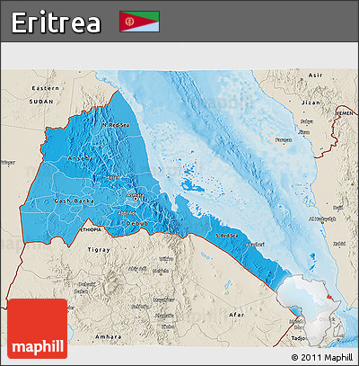 Political Shades 3D Map of Eritrea, shaded relief outside, bathymetry sea