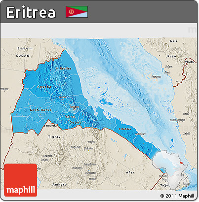 Political Shades 3D Map of Eritrea, shaded relief outside, bathymetry sea