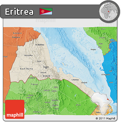 Shaded Relief 3D Map of Eritrea, political shades outside, shaded relief sea