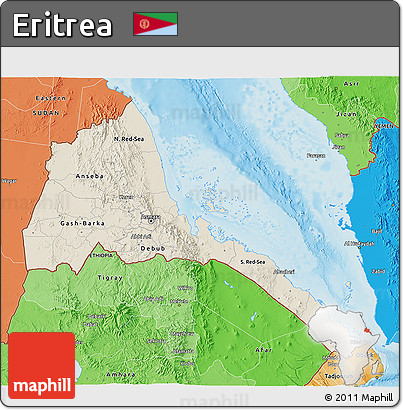 Shaded Relief 3D Map of Eritrea, political shades outside, shaded relief sea