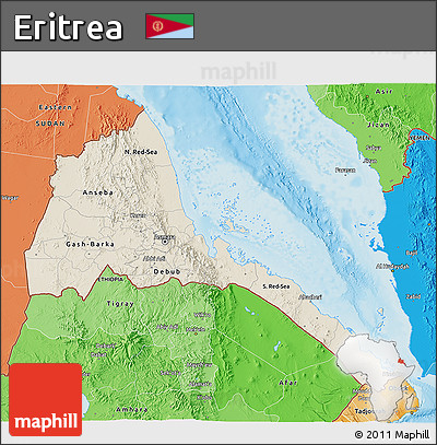 Shaded Relief 3D Map of Eritrea, political shades outside, shaded relief sea