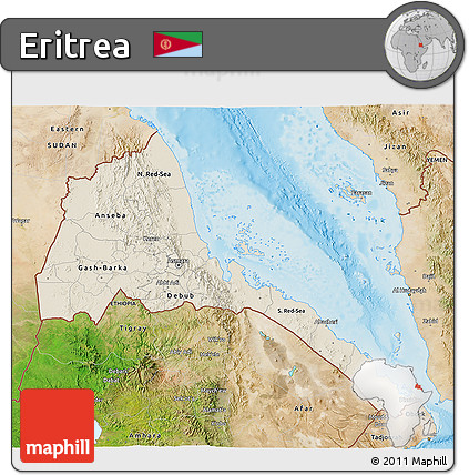 Shaded Relief 3D Map of Eritrea, satellite outside, shaded relief sea