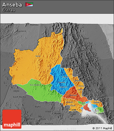 Political 3D Map of Anseba, darken, desaturated