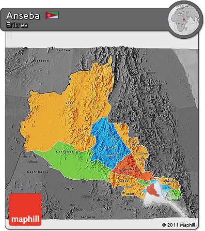 Political 3D Map of Anseba, darken, desaturated
