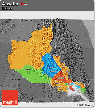Political 3D Map of Anseba, darken, desaturated