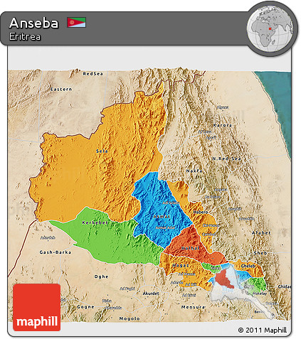 Political 3D Map of Anseba, satellite outside