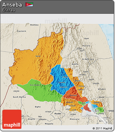 Political 3D Map of Anseba, shaded relief outside