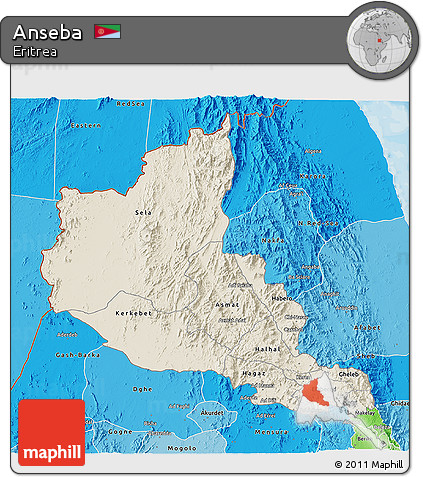 Shaded Relief 3D Map of Anseba, political shades outside