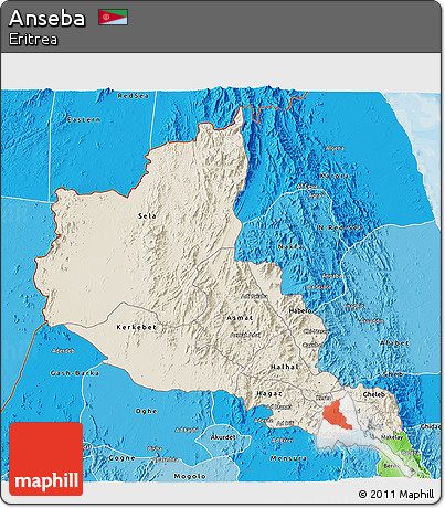 Shaded Relief 3D Map of Anseba, political shades outside