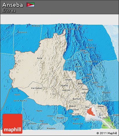 Shaded Relief 3D Map of Anseba, political shades outside
