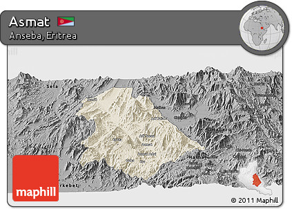 Shaded Relief Panoramic Map of Asmat, darken, desaturated