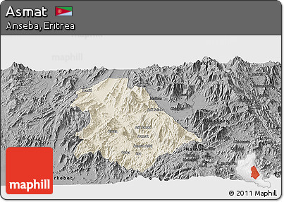 Shaded Relief Panoramic Map of Asmat, darken, desaturated