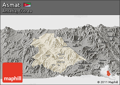 Shaded Relief Panoramic Map of Asmat, darken, semi-desaturated
