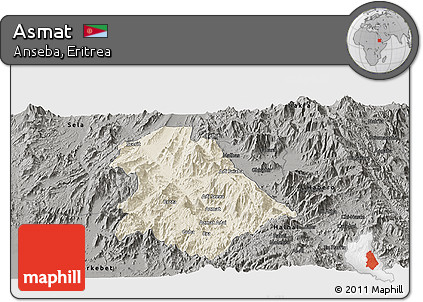 Shaded Relief Panoramic Map of Asmat, darken, semi-desaturated