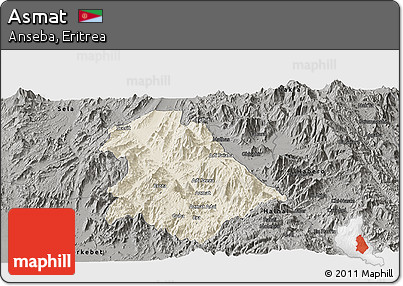 Shaded Relief Panoramic Map of Asmat, darken, semi-desaturated