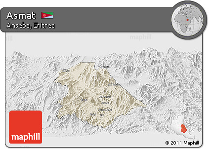 Shaded Relief Panoramic Map of Asmat, lighten, desaturated