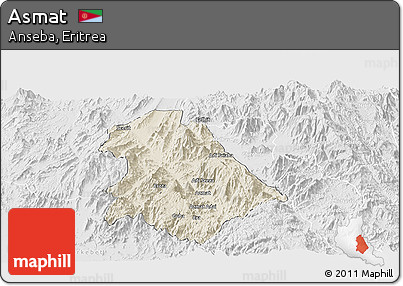 Shaded Relief Panoramic Map of Asmat, lighten, desaturated