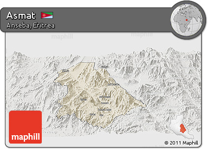 Shaded Relief Panoramic Map of Asmat, lighten, semi-desaturated