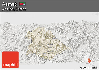 Shaded Relief Panoramic Map of Asmat, lighten, semi-desaturated