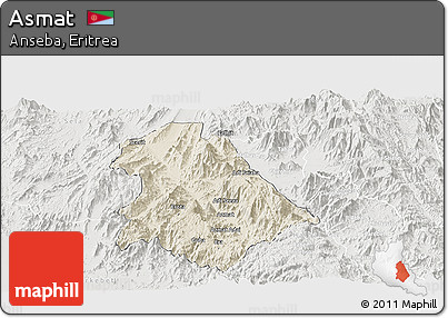 Shaded Relief Panoramic Map of Asmat, lighten, semi-desaturated