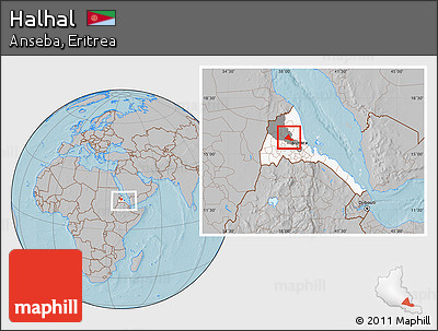Gray Location Map of Halhal, highlighted country, highlighted parent region, within the entire country, hill shading