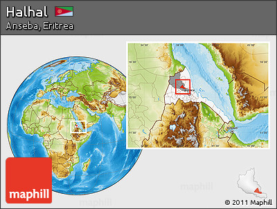 Physical Location Map of Halhal, highlighted country, highlighted parent region, within the entire country