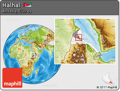 Physical Location Map of Halhal, highlighted country, highlighted parent region, within the entire country