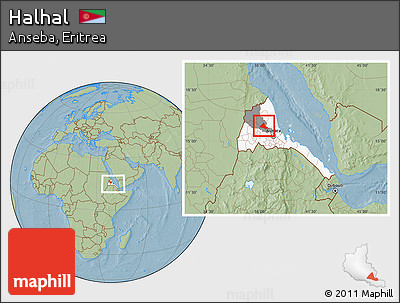 Savanna Style Location Map of Halhal, highlighted country, highlighted parent region, within the entire country, hill shading