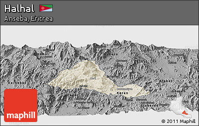 Shaded Relief Panoramic Map of Halhal, darken, desaturated