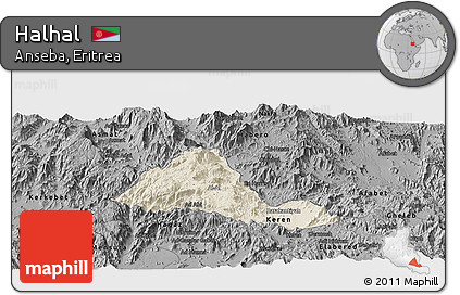 Shaded Relief Panoramic Map of Halhal, darken, desaturated