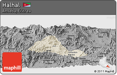 Shaded Relief Panoramic Map of Halhal, darken, desaturated