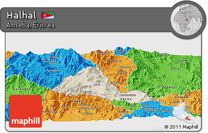 Shaded Relief Panoramic Map of Halhal, political outside