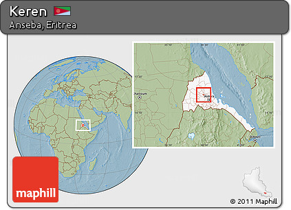 Savanna Style Location Map of Keren, highlighted country, hill shading
