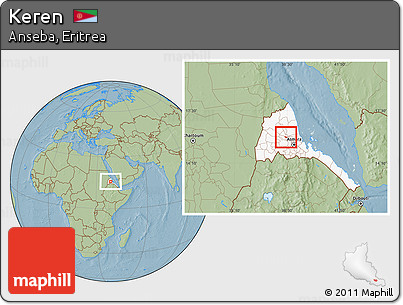 Savanna Style Location Map of Keren, highlighted country, hill shading
