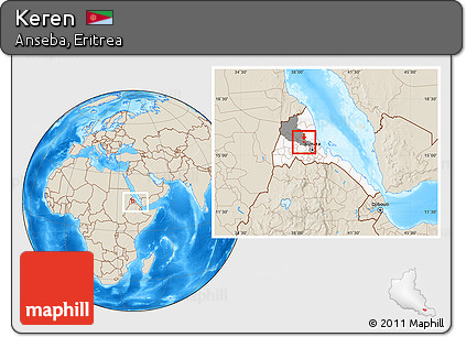 Shaded Relief Location Map of Keren, highlighted country, highlighted parent region, within the entire country