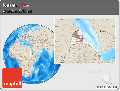 Shaded Relief Location Map of Keren, highlighted country, highlighted parent region, within the entire country