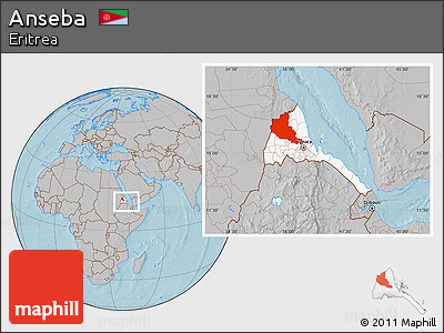Gray Location Map of Anseba, highlighted country, within the entire country, hill shading
