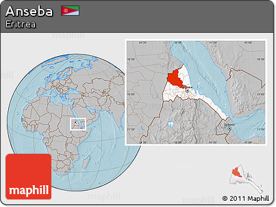 Gray Location Map of Anseba, highlighted country, within the entire country, hill shading