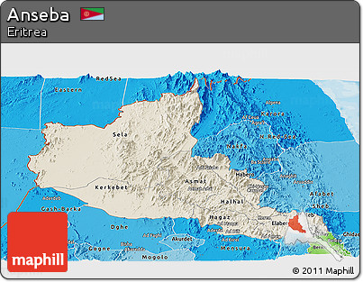 Shaded Relief Panoramic Map of Anseba, political shades outside