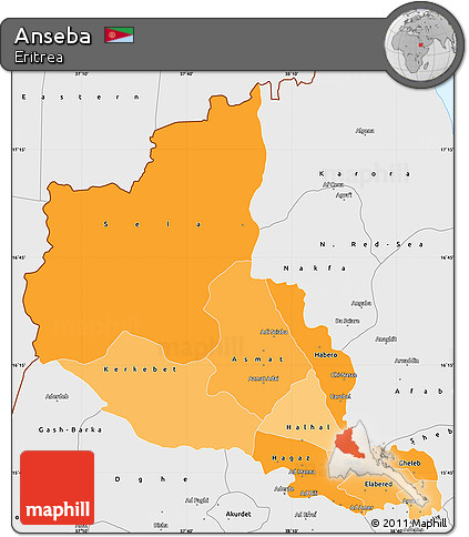 Political Shades Simple Map of Anseba, single color outside, borders and labels