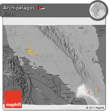Political Shades 3D Map of Archipelagos, darken, desaturated