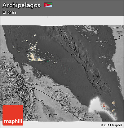 Satellite 3D Map of Archipelagos, darken, desaturated